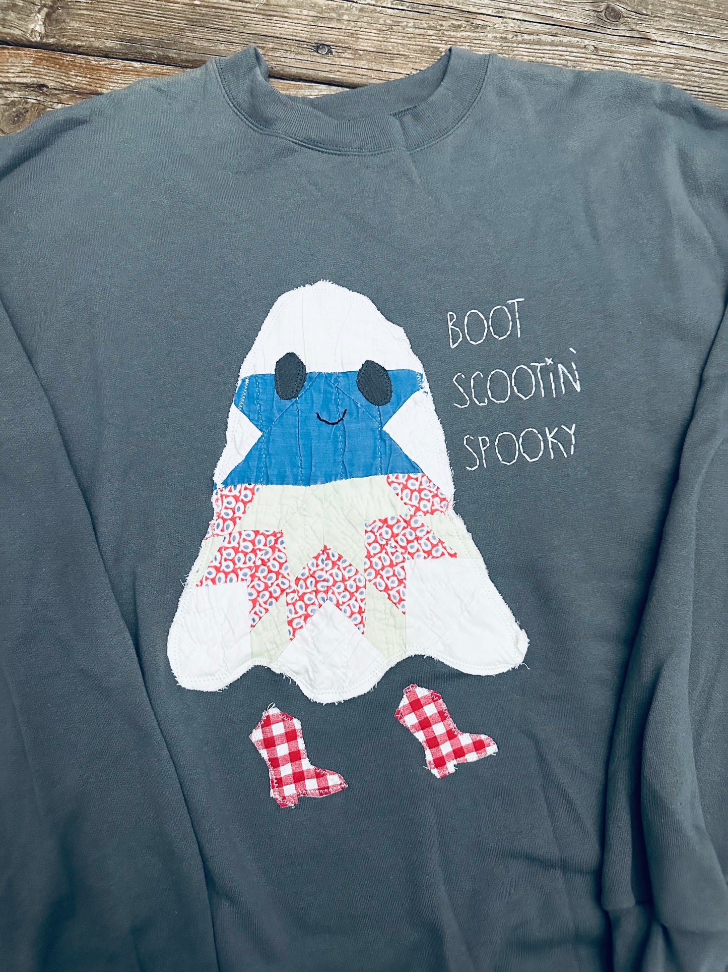 Boot Scootin’ Spooky Handmade Quilt Ghost Sweatshirt - Large