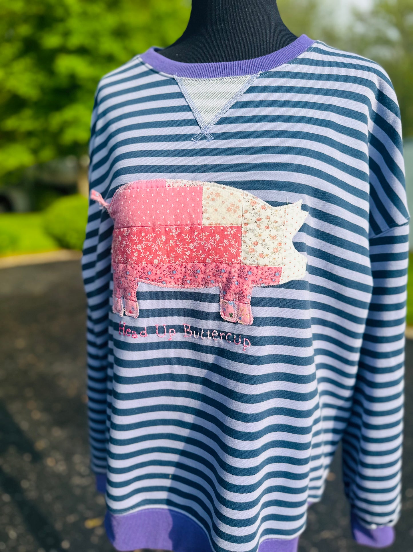 Head Up Buttercup Piggy Sweatshirt – XXL Striped Crewneck with Vintage Quilt Pig Appliqué & Hand Embroidery