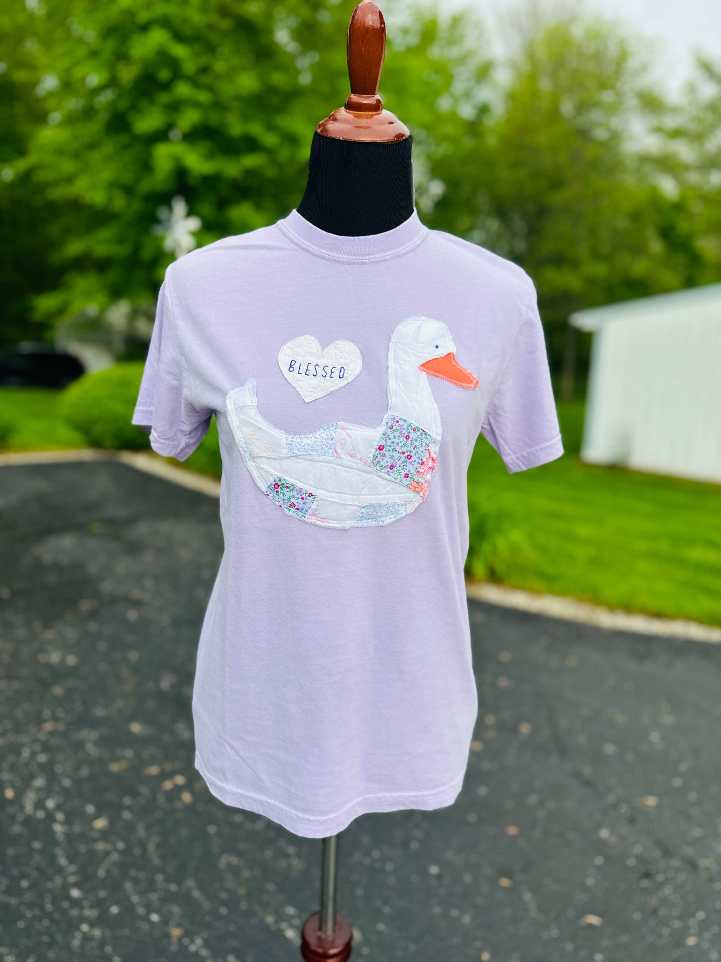 Blessed Goose Tee – Vintage-Inspired Appliqué Shirt, Light Purple