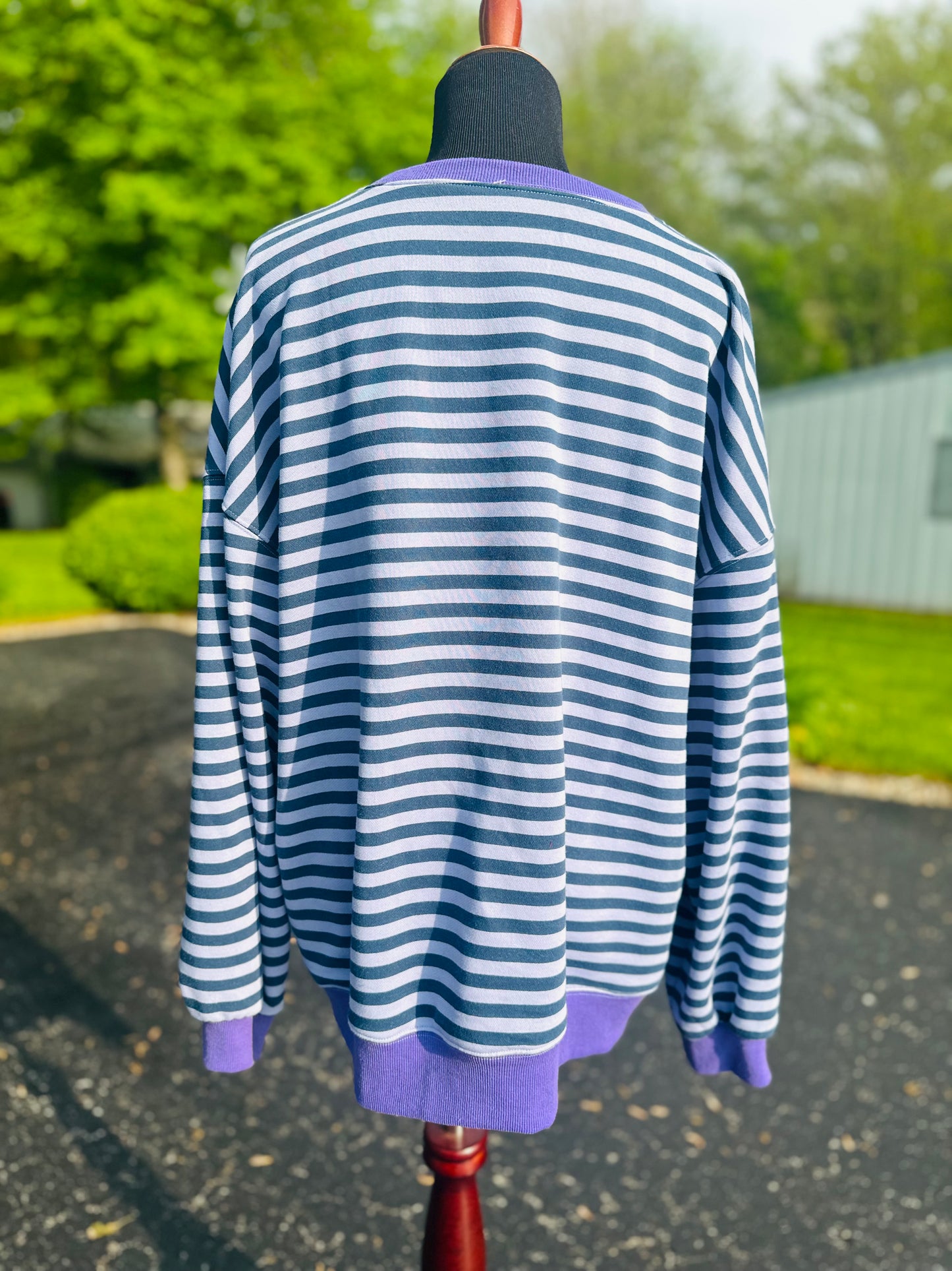 Head Up Buttercup Piggy Sweatshirt – XXL Striped Crewneck with Vintage Quilt Pig Appliqué & Hand Embroidery
