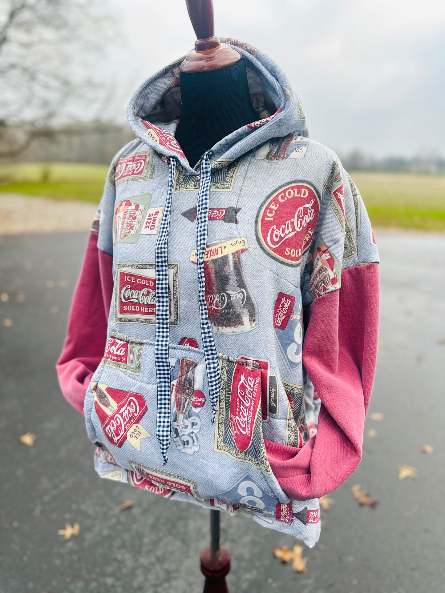 Vintage Coca-Cola Comforter Hoodie – Handmade Oversized Medium (Fits Medium to Large)