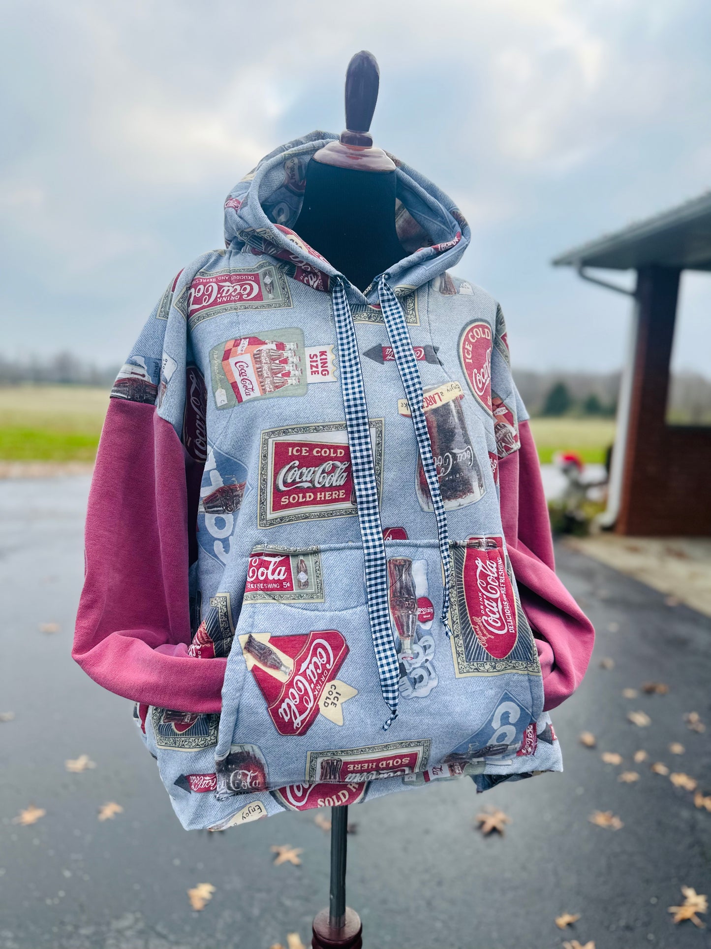 Vintage Coca-Cola Comforter Hoodie – Handmade Oversized Medium (Fits Medium to Large)