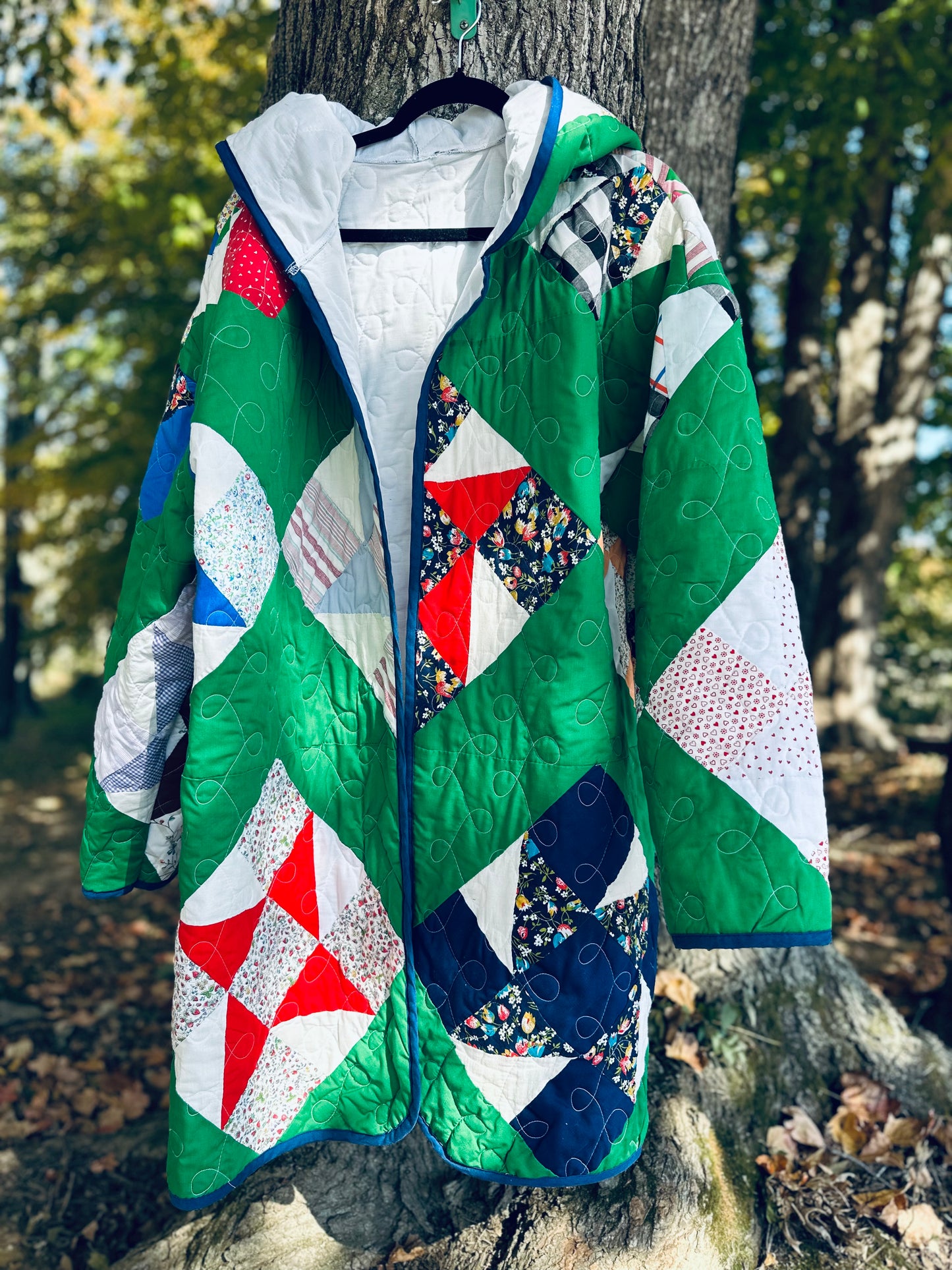 Vintage Handpieced Quilt Coat with Hood | Unique Upcycled Fashion | Bohemian Style Outerwear