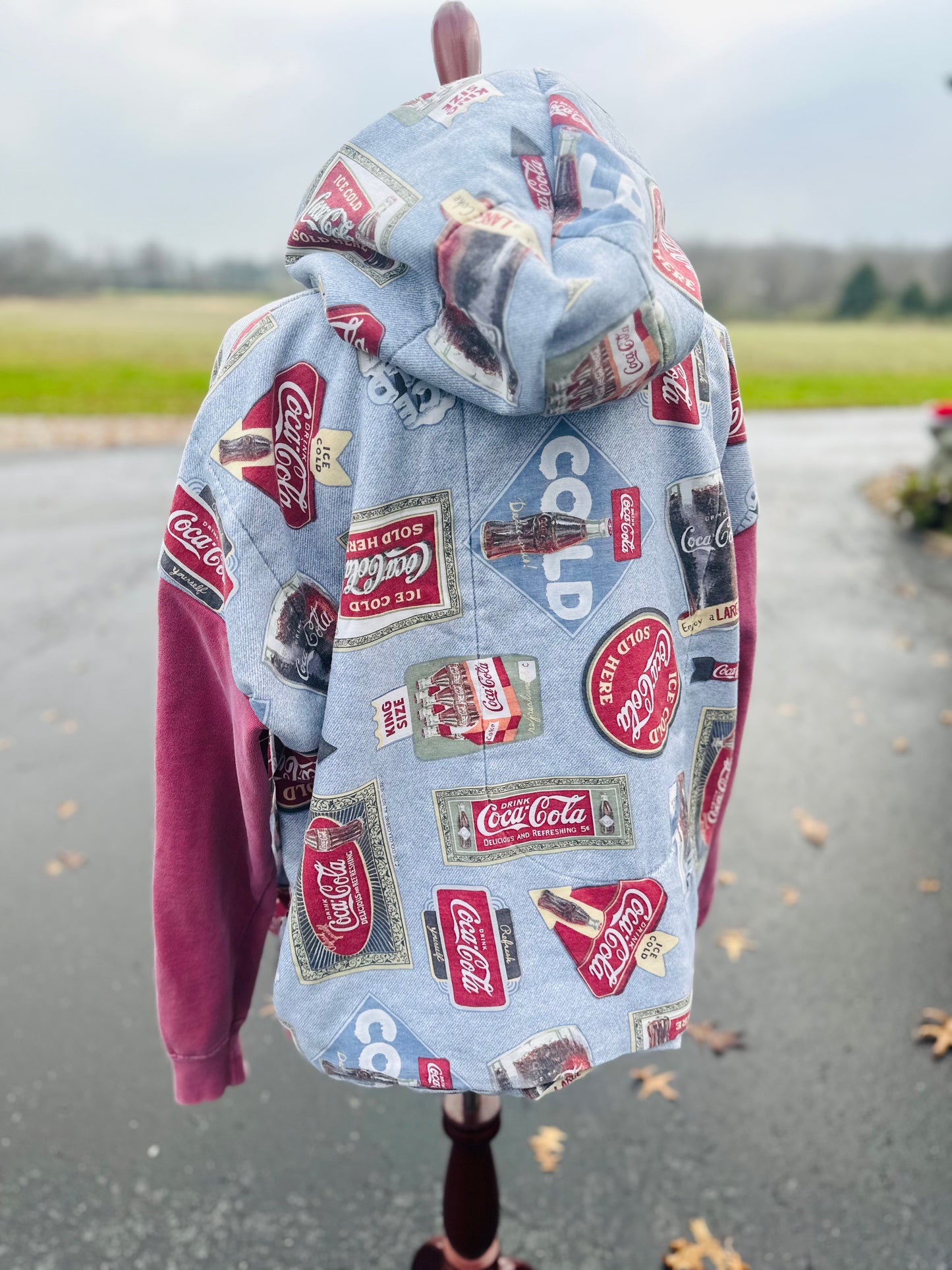 Vintage Coca-Cola Comforter Hoodie – Handmade Oversized Medium (Fits Medium to Large)