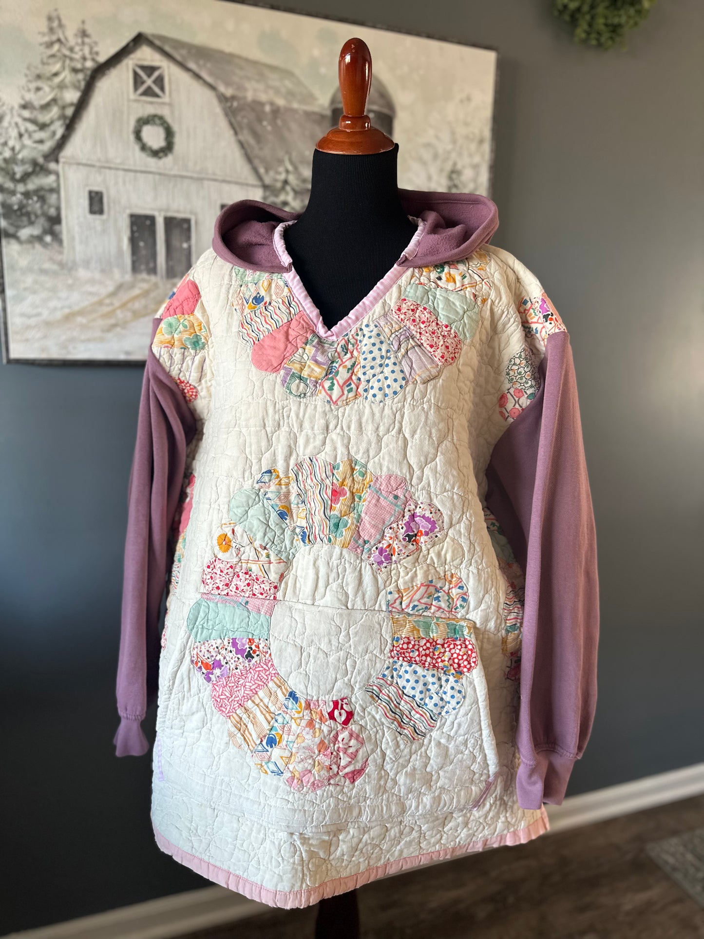 Handmade Women’s XXL Tunic Hoodie - Upcycled Vintage Quilt Patchwork Pullover, Cozy Farmhouse Chic Style