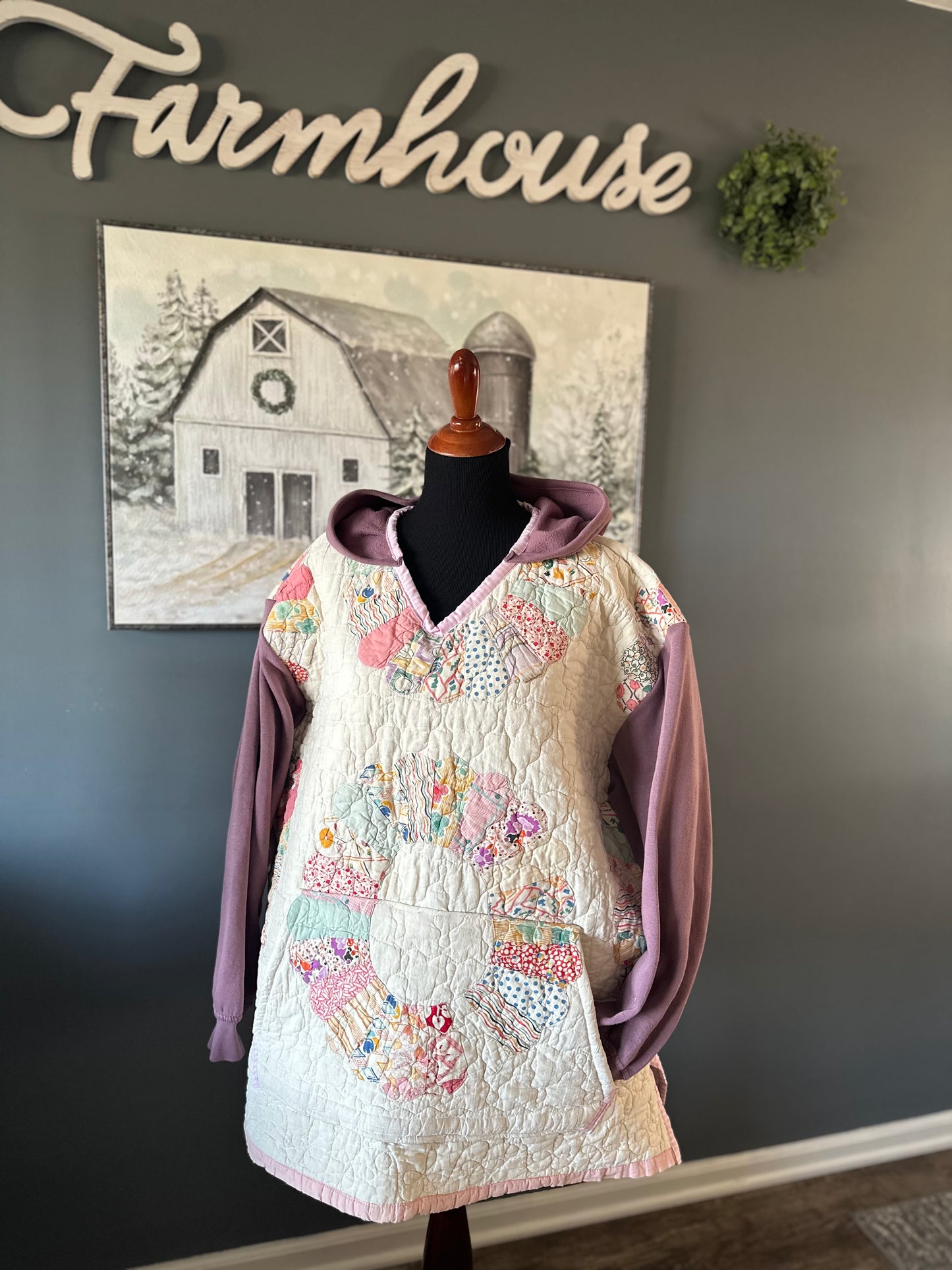 Handmade Women’s XXL Tunic Hoodie - Upcycled Vintage Quilt Patchwork Pullover, Cozy Farmhouse Chic Style