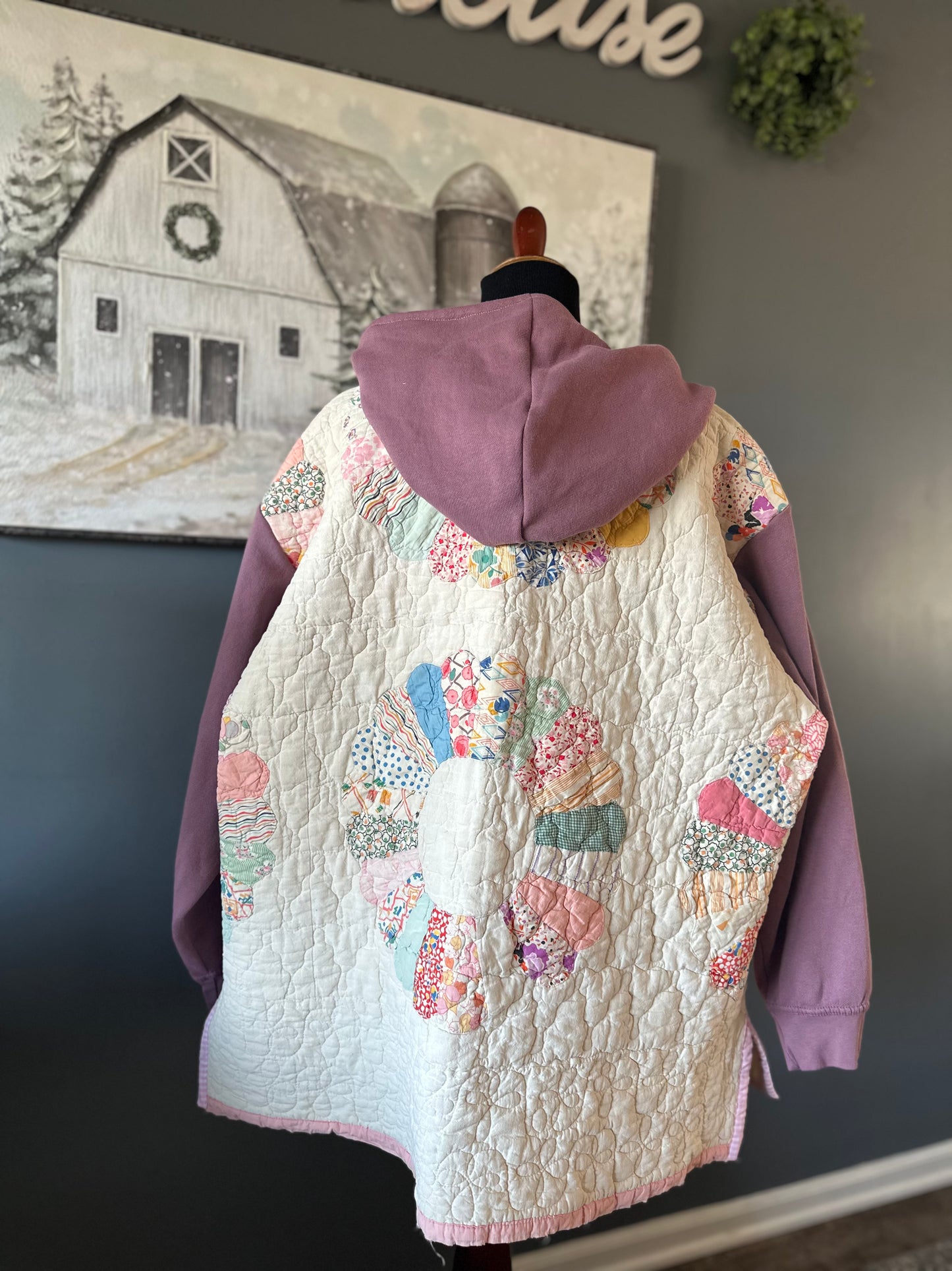 Handmade Women’s XXL Tunic Hoodie - Upcycled Vintage Quilt Patchwork Pullover, Cozy Farmhouse Chic Style