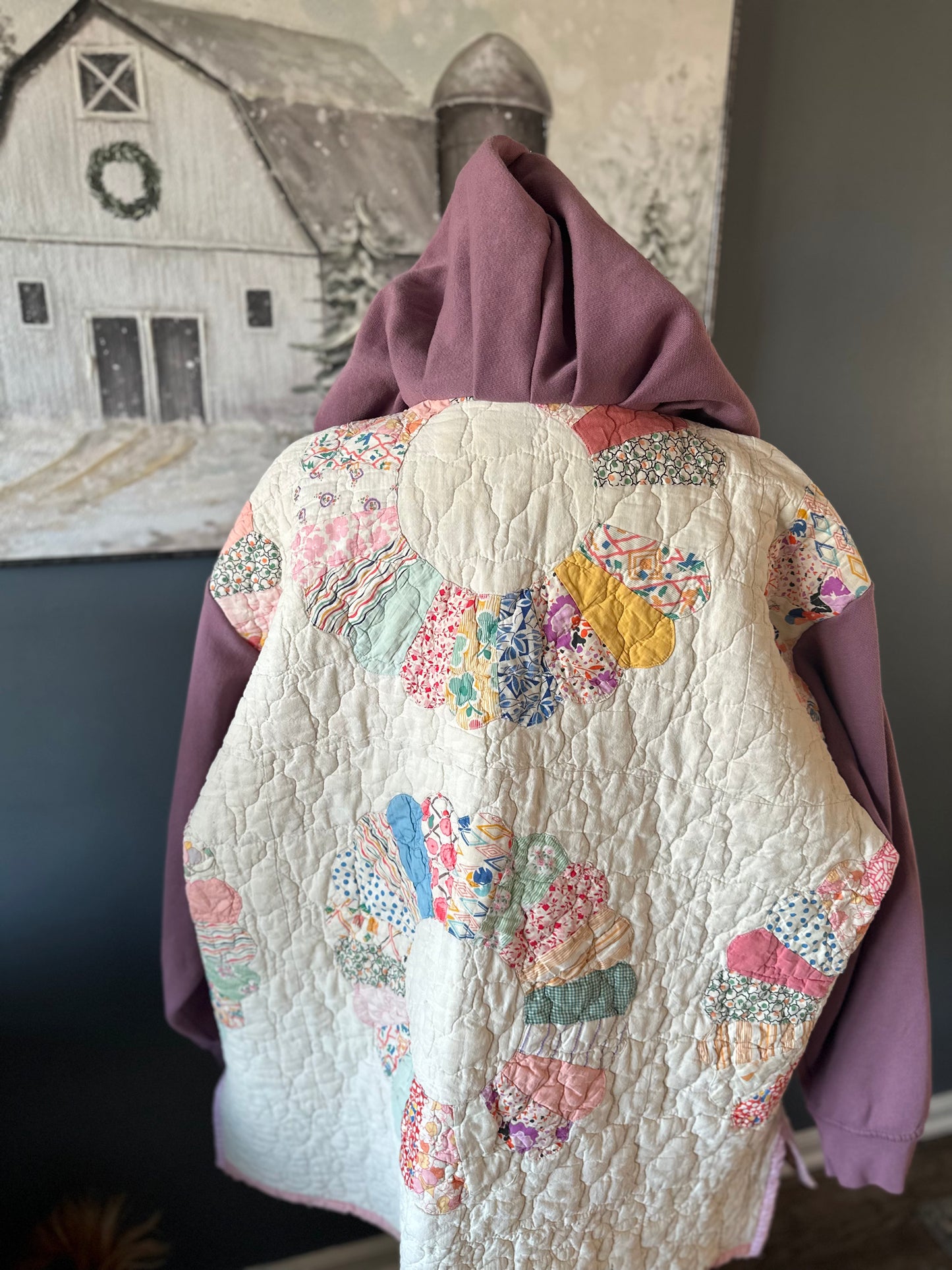 Handmade Women’s XXL Tunic Hoodie - Upcycled Vintage Quilt Patchwork Pullover, Cozy Farmhouse Chic Style