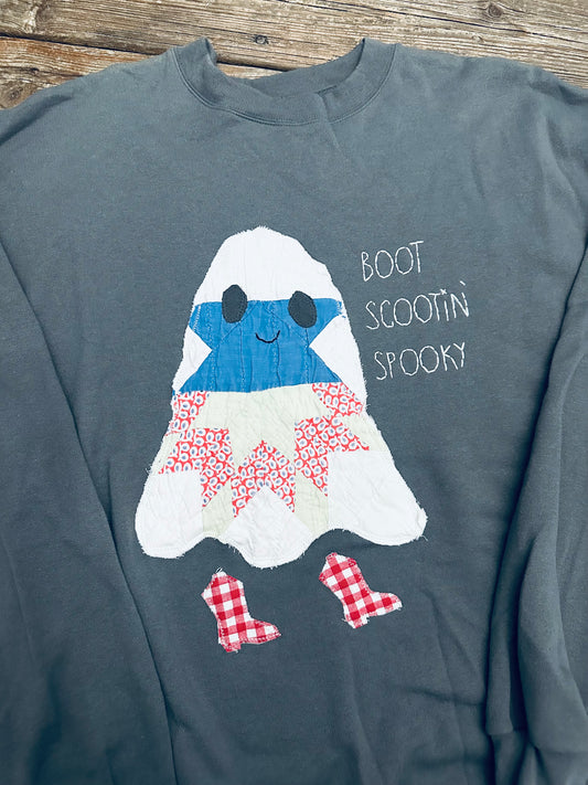 Boot Scootin’ Spooky Handmade Quilt Ghost Sweatshirt - Large