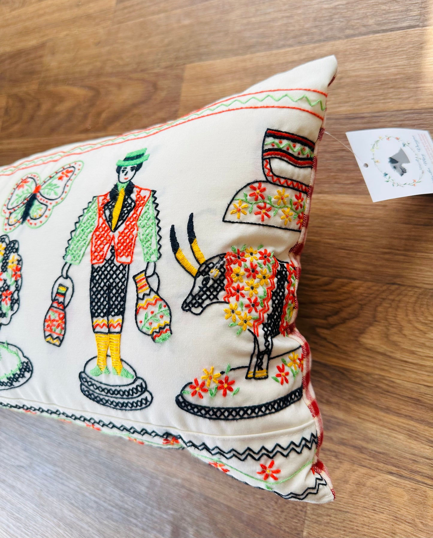 Vintage Hand-Cross-Stitched Folk Art Pillow | 12” x 20”