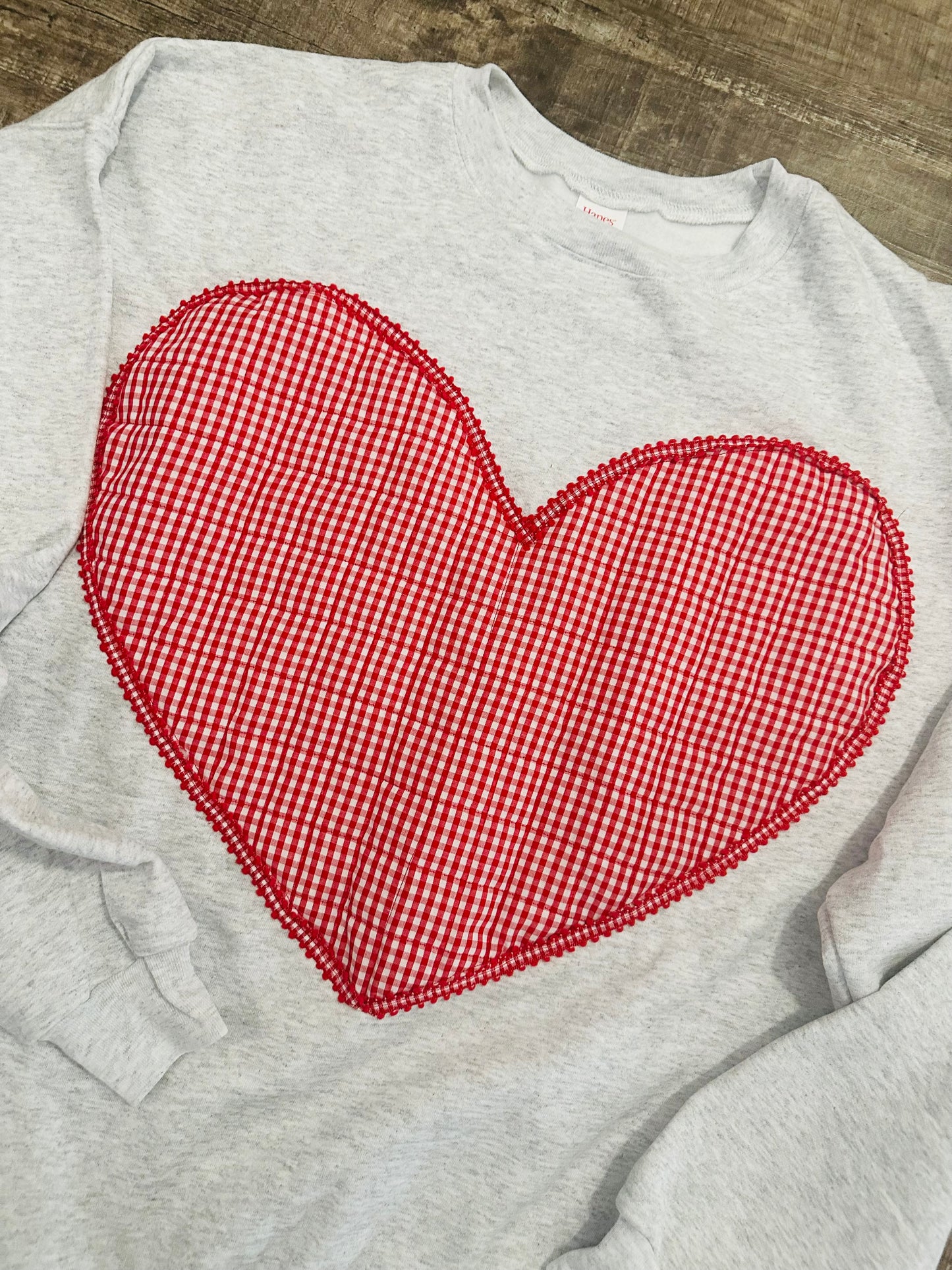 gingham hearts oversized sweater dress Handmade Oversized Heart Sweatshirt - Cozy Gray Crewneck with Red Gingham  Heart Appliqué - Valentine’s Day Gift