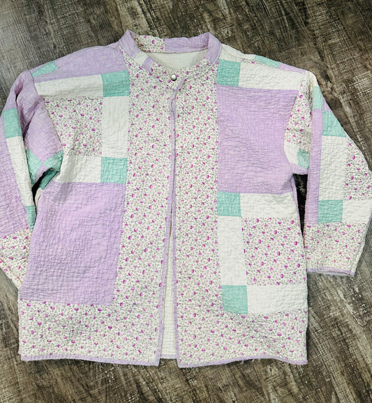 Handmade Vintage Quilt Coat | Oversized Small (Fits S–M) | Pastel Floral Patchwork Jacket with Deep Pockets