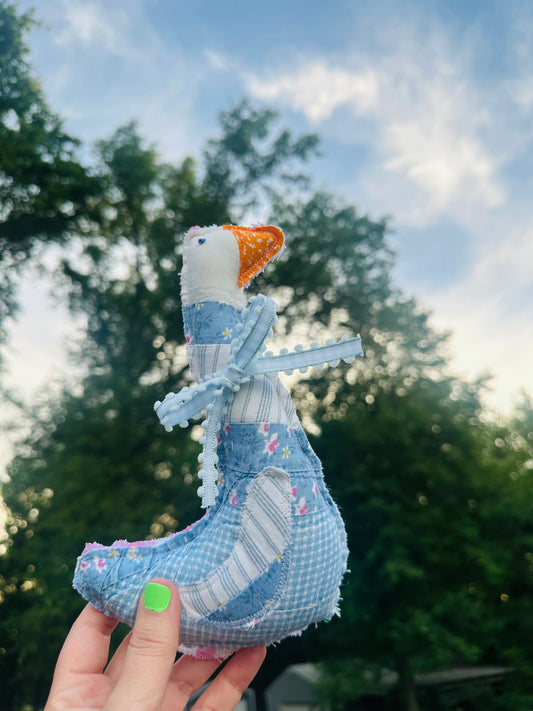 Handmade Vintage Quilt Goose | Blue Patchwork Farmhouse Decor | 8.5” Tall with Pink Gingham Back