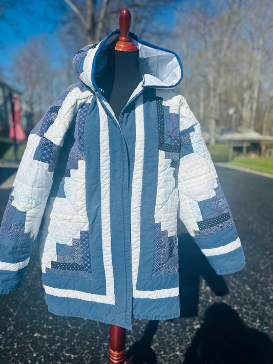 Oversized Quilt Jacket with Hood | Handmade Blue Patchwork Coat | Repurposed Machine Quilt | Boho Vintage-Inspired Winter Layer | Women’s Large