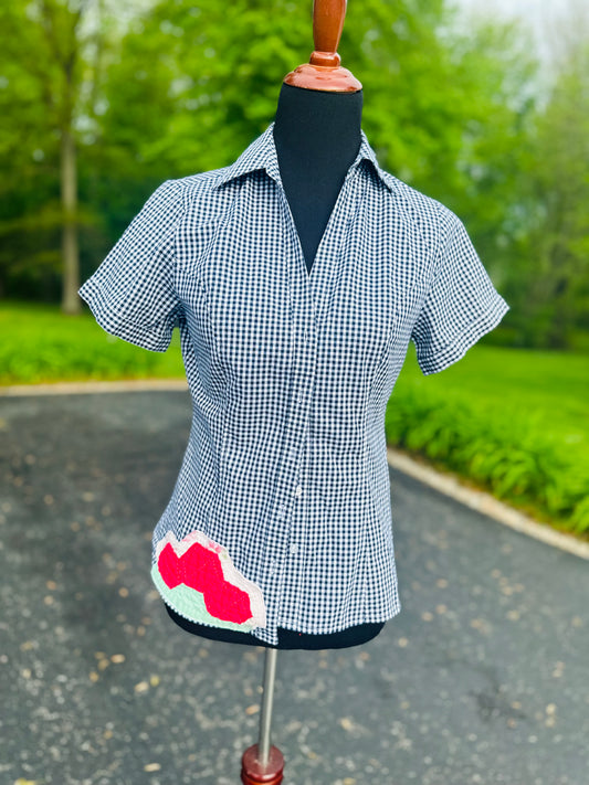 Patchwork Prairie Fitted Top – Navy Gingham Button-Up with Vintage Quilt Appliqué – Size Small