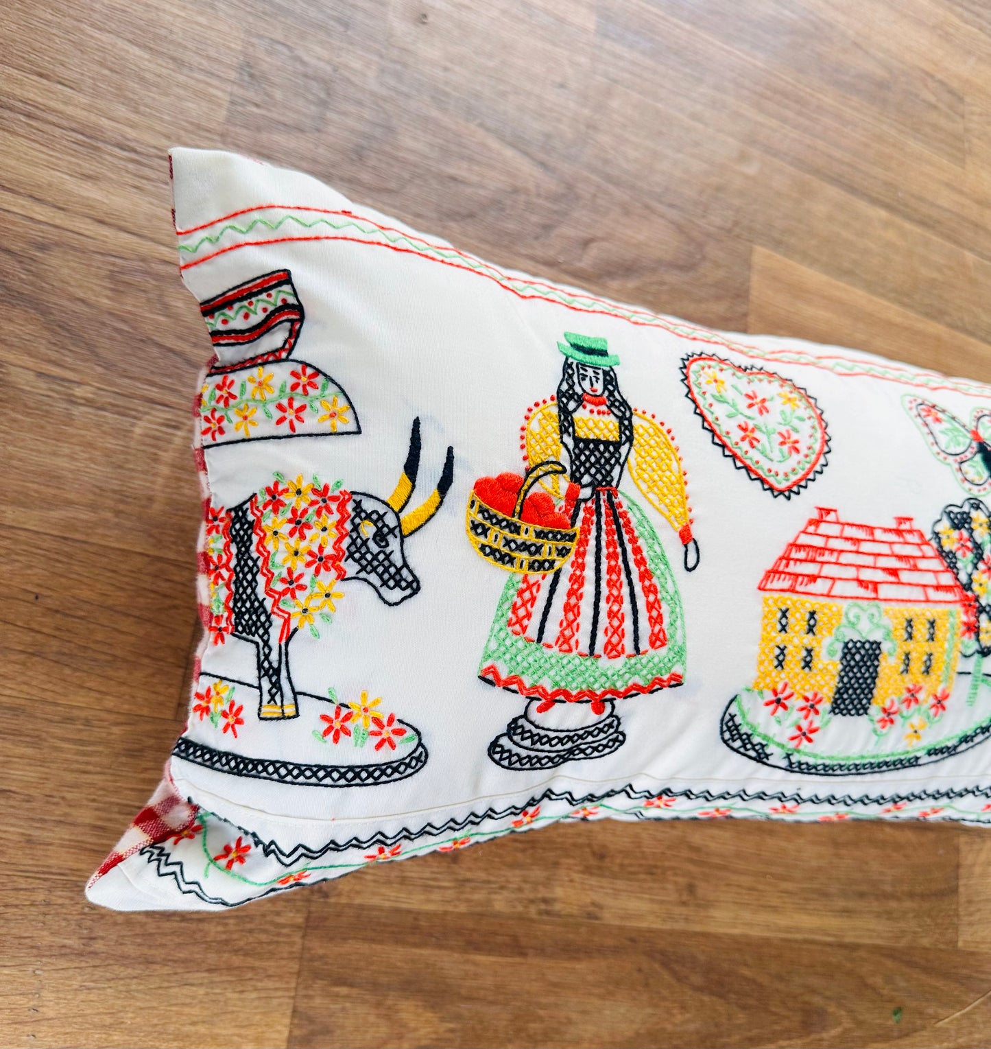 Vintage Hand-Cross-Stitched Folk Art Pillow | 12” x 20”