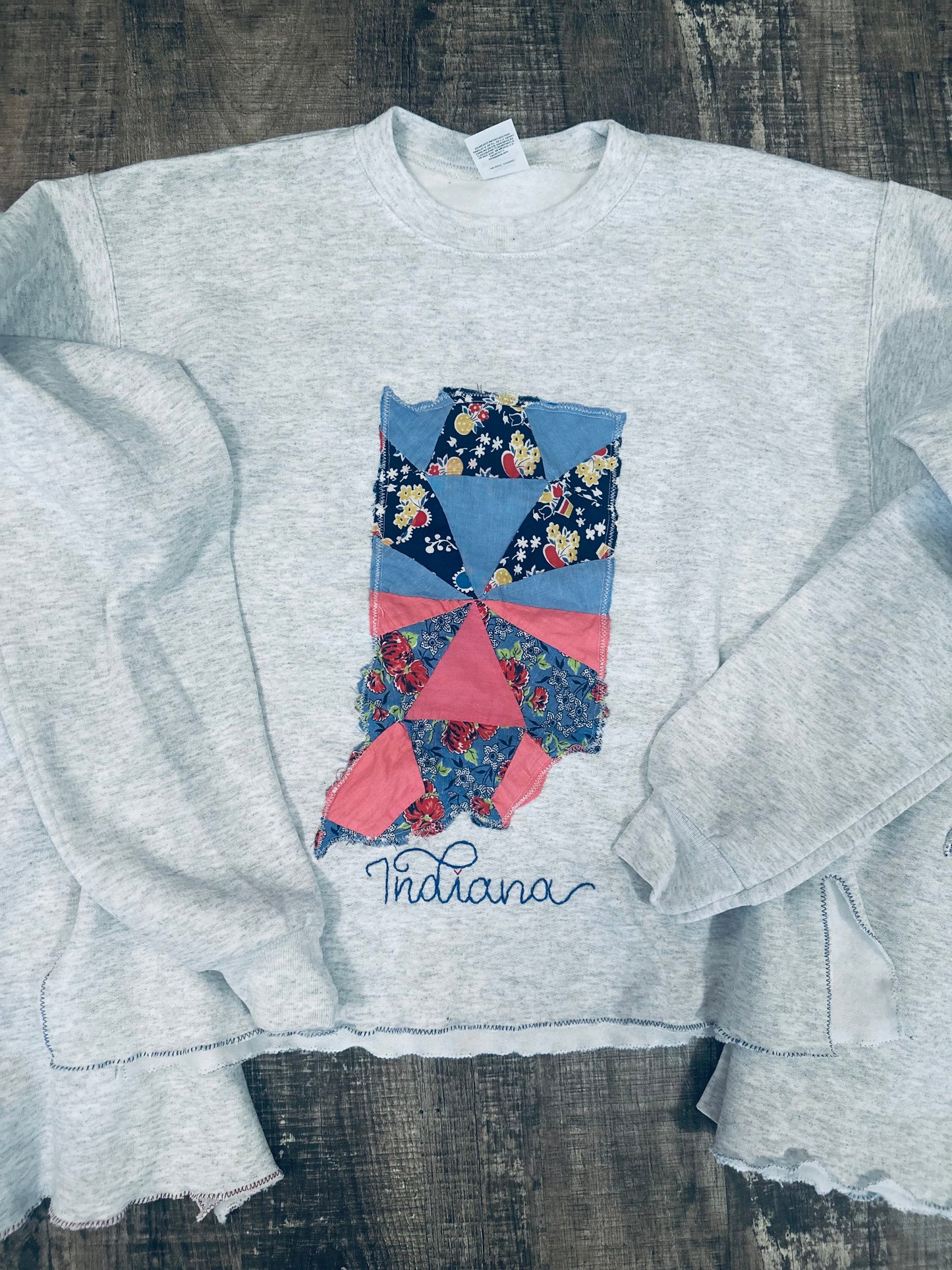 Handmade Indiana Quilt Sweatshirt – Upcycled Patchwork with Embroidered State Outline