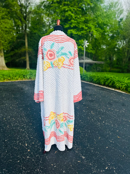 Chenille Duster, Sunshine & Petals– Vintage Bell Sleeve Robe Jacket – Size XL/2XL