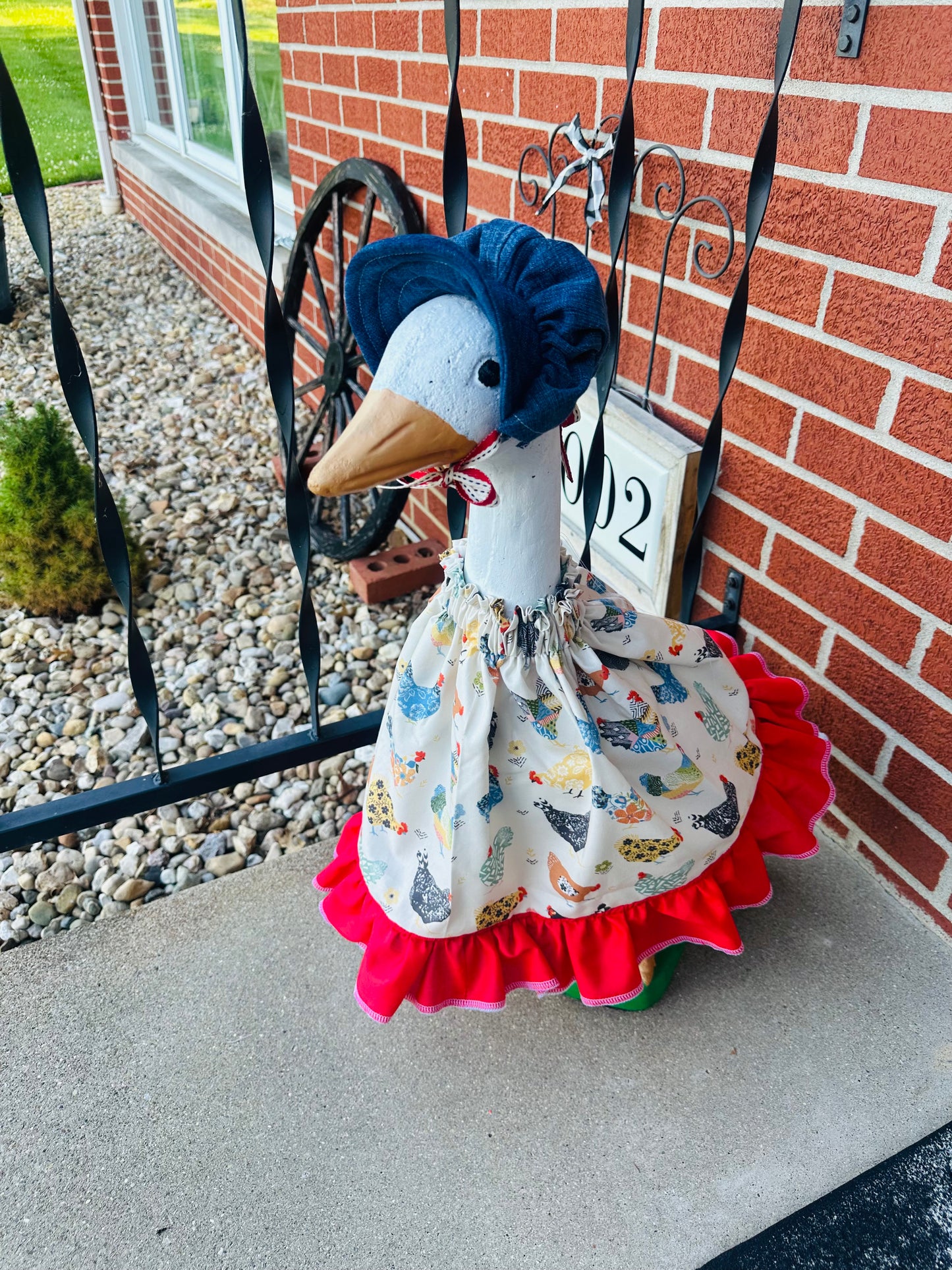 Porch Goose Outfit - Farmhouse Chicken with Denim Bonnet