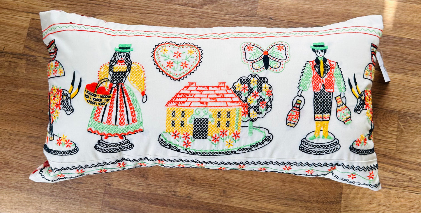 Vintage Hand-Cross-Stitched Folk Art Pillow | 12” x 20”