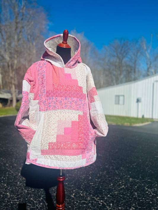 Handmade Quilt Hoodie | Women’s XL/XXL Pink Patchwork Pullover | Vintage Log Cabin Quilt Jacket | Cozy Upcycled Hoodie | One-of-a-Kind Boho Sweatshirt