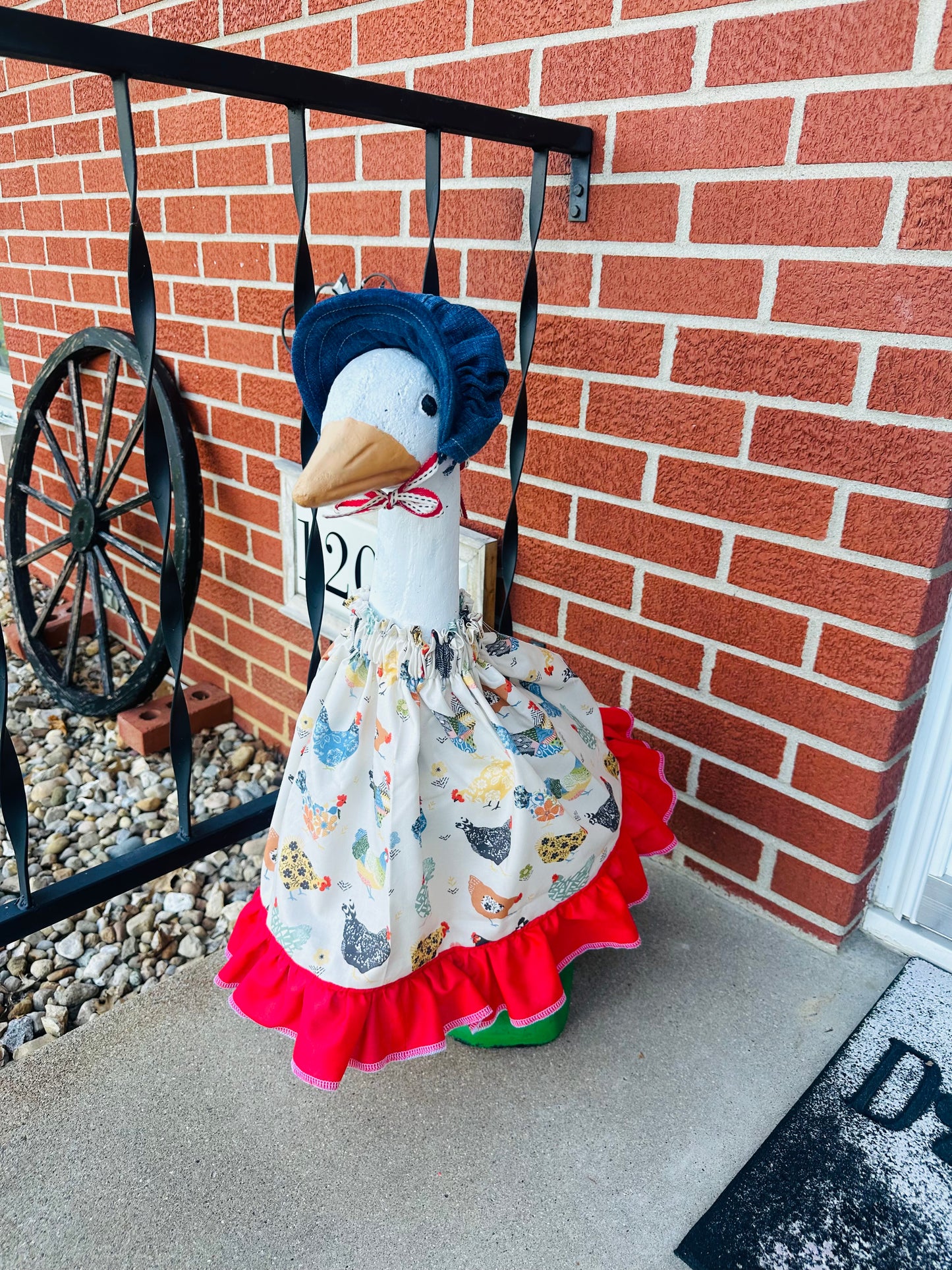 Porch Goose Outfit - Farmhouse Chicken with Denim Bonnet