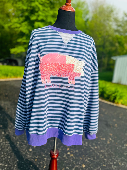 Head Up Buttercup Piggy Sweatshirt – XXL Striped Crewneck with Vintage Quilt Pig Appliqué & Hand Embroidery
