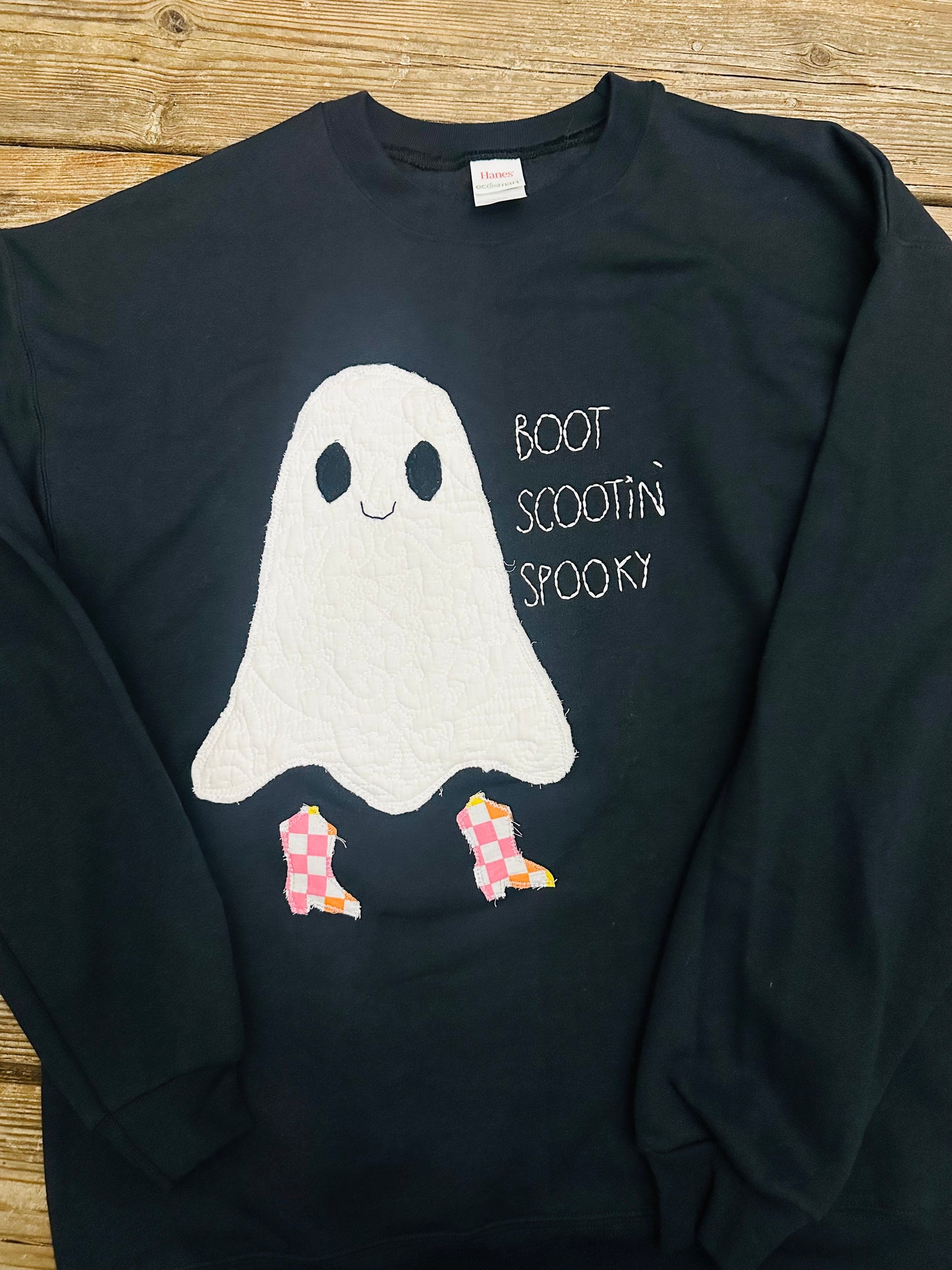 Boot Scootin’ Spooky White Quilt Ghost Sweatshirt - Made to order
