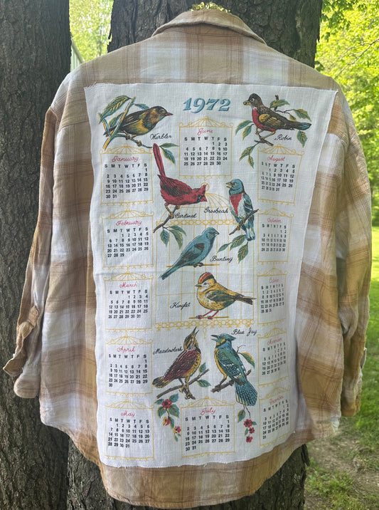 Vintage 1972 Birds Tea Towel Button Up - XXL