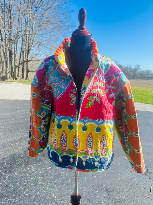 Handmade Boho Quilt Jacket | Oversized Small Repurposed Colorful Kantha Quilt Coat | Vintage-Inspired Patchwork Jacket | Eco-Friendly Festival Wear