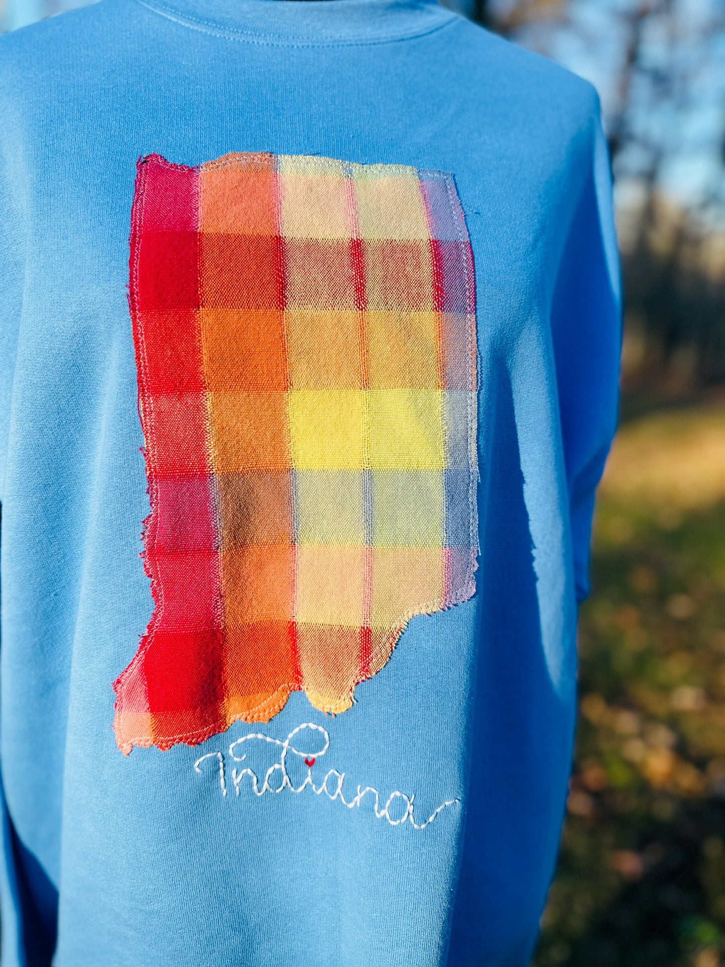 Handmade Indiana State Crewneck Sweatshirt – Upcycled Vintage Linen Patch | Cozy Blue Crewneck | S-5X