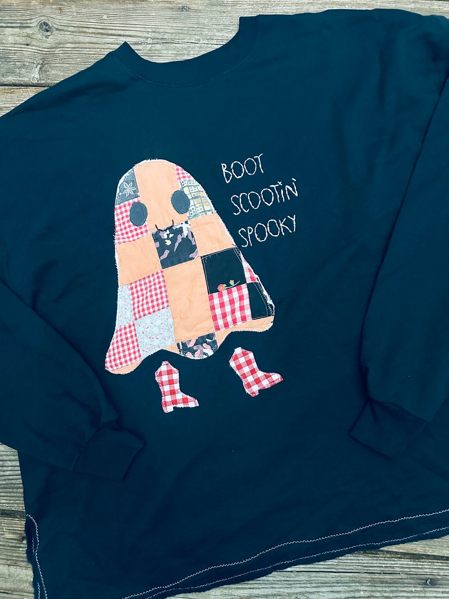 Boot Scootin’ Spooky Handmade Quilt Ghost Sweatshirt with Cropped Bottom- XL