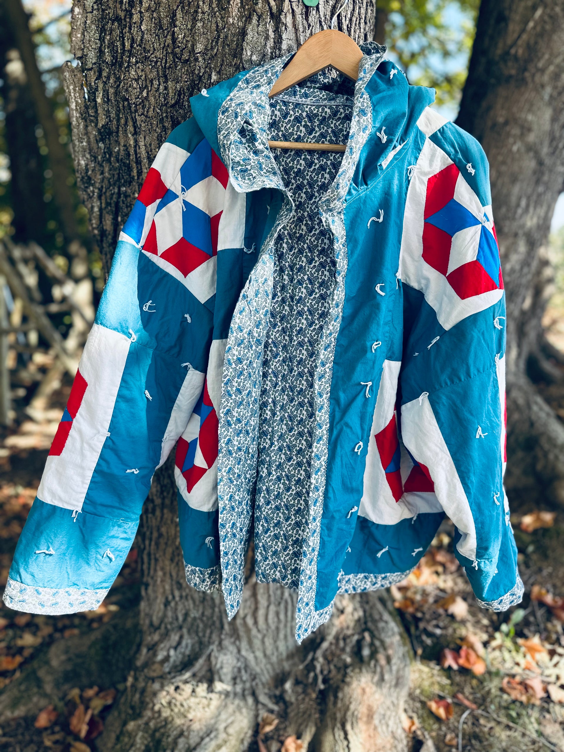 Vintage Quilt Lightweight Jacket with Hood | Unique Upcycled 
