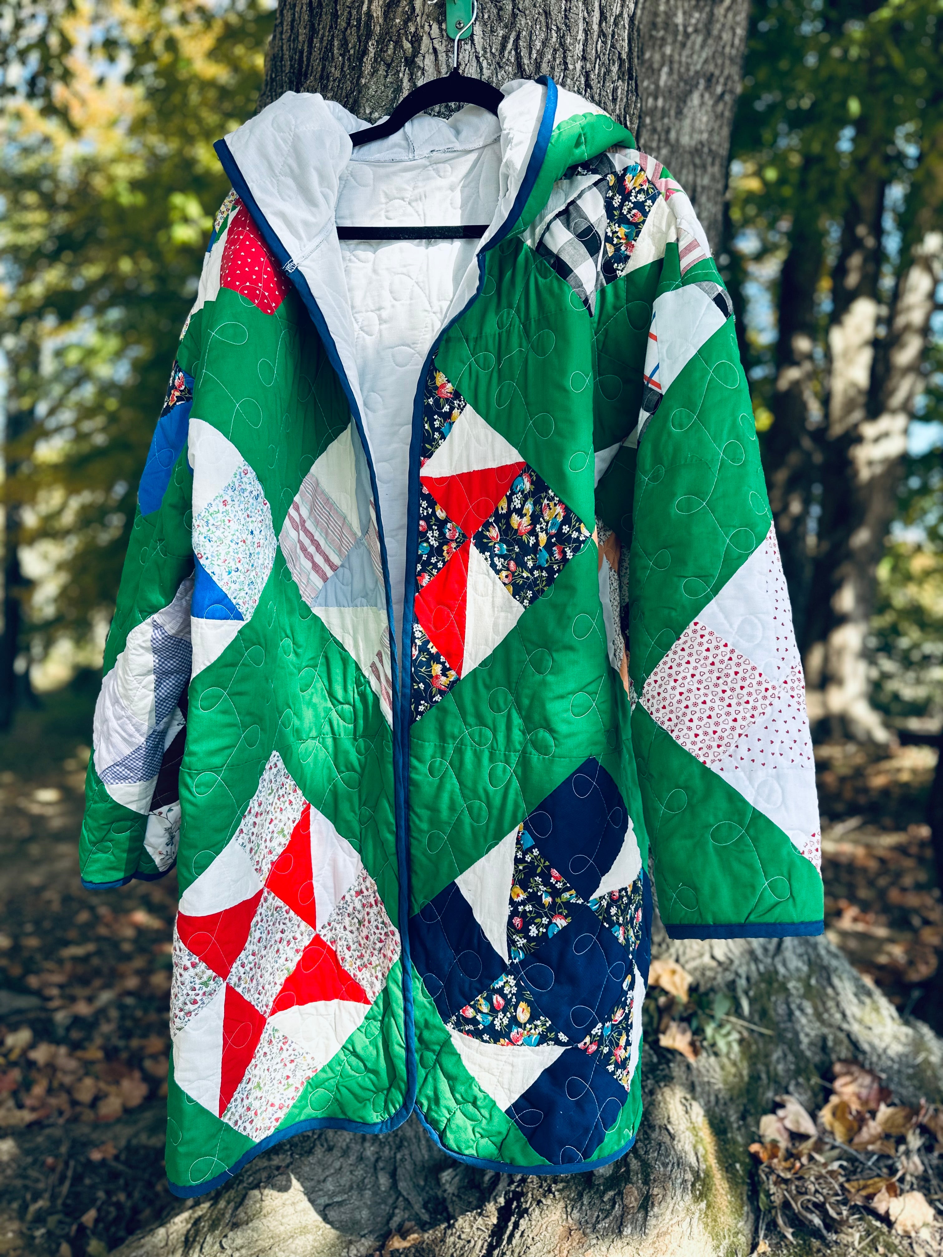 Vintage Handpieced Quilt Coat with Hood | Unique Upcycled