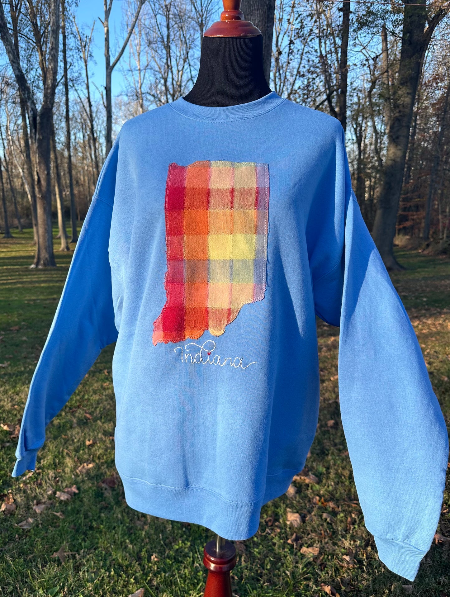 Handmade Indiana State Crewneck Sweatshirt – Upcycled Vintage Linen Patch | Cozy Blue Crewneck | S-5X