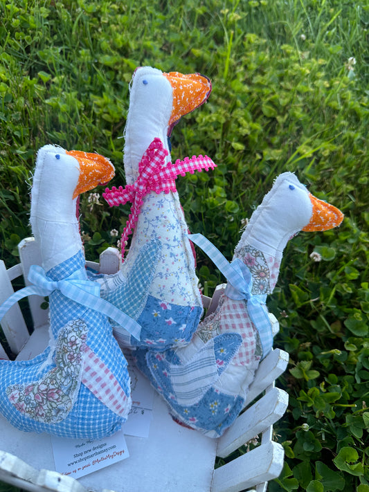 Handmade Vintage Quilt Goose | Blue Patchwork Farmhouse Decor | 8.5” Tall with Pink Plaid Back