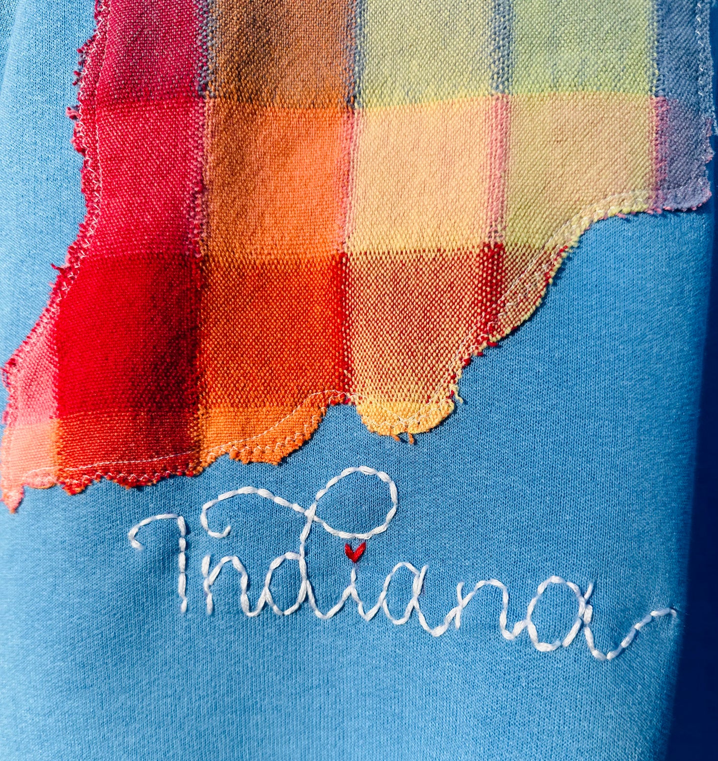 Handmade Indiana State Crewneck Sweatshirt – Upcycled Vintage Linen Patch | Cozy Blue Crewneck | S-5X