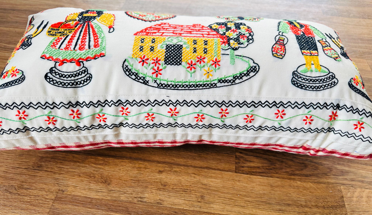 Vintage Hand-Cross-Stitched Folk Art Pillow | 12” x 20”