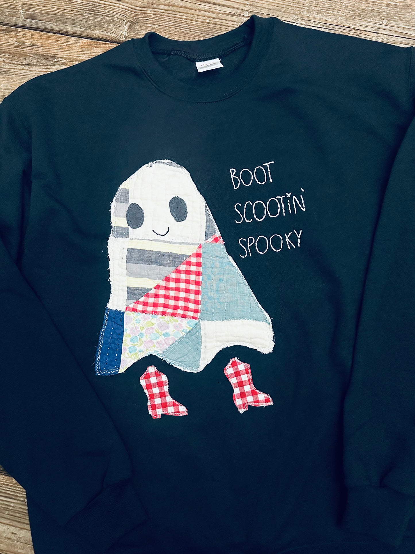 Boot Scootin’ Spooky Handmade Quilt Ghost Sweatshirt - Medium