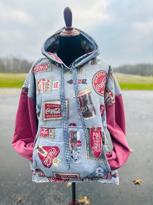 Vintage Coca-Cola Comforter Hoodie – Handmade Oversized Medium (Fits Medium to Large)